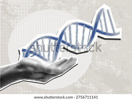 Trendy Halftone Collage with hand holding DNA. For mixed media design vintage dotted pop art style grunge punk template. vector illustration	