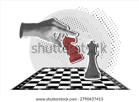 Trendy Halftone Collage Hand holding chess piece. Abstract chessman. Game strategy. Strategic leader. Knight horse chess figure. Contemporary vector illustration art