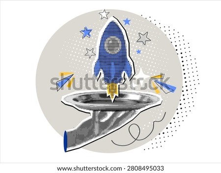 Trendy Halftone Collage hand holding dish with Rocket launch. Startup business. Presentation of a new project, startup. Vector illustration.