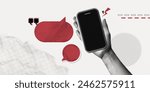 Trendy Halftone Collage Hand holds Phone with red speech bubble messages. Online communication. Social media chatting. Smartphone with empty screen. Contemporary vector art illustration