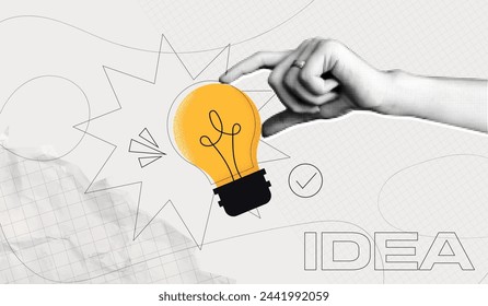 Trendy Halftone Collage Hand holds lightbulb. Creative mind or brainstorm. Create creative idea concept. Business solutions and strategy. Think outside the box. Marketing time. Contemporary vector art