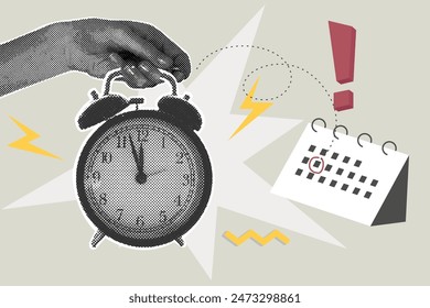 Trendy halftone collage. A hand holds a ringing alarm clock. Reminder on calendar. Vector business concepts for graphic and web design, marketing and print materials, social media.