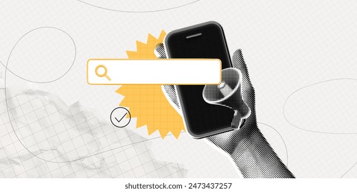 Trendy Halftone Collage Hand holds Phone with Megaphone and Search bar. Find information. Online hiring job. Cut out paper elements. Seo marketing and promotion. Contemporary vector illustration art