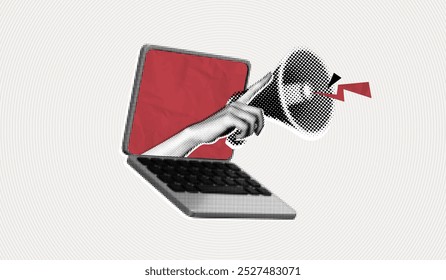 Trendy Halftone Collage Hand holds megaphone from laptop screen. Social media news and propaganda. Online business marketing concept. Speaker with important message. Contemporary vector illustration