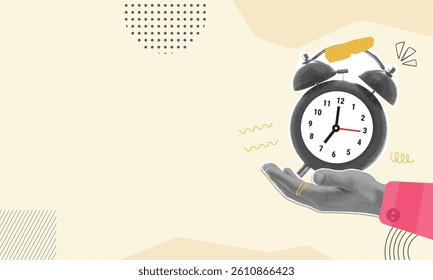 Trendy halftone collage. A hand holds a ringing alarm clock