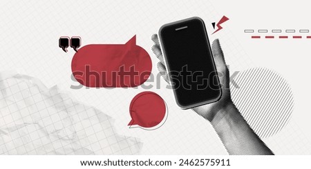 Trendy Halftone Collage Hand holds Phone with red speech bubble messages. Online communication. Social media chatting. Smartphone with empty screen. Contemporary vector art illustration