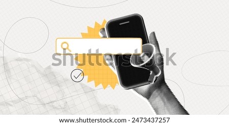 Trendy Halftone Collage Hand holds Phone with Megaphone and Search bar. Find information. Online hiring job. Cut out paper elements. Seo marketing and promotion. Contemporary vector illustration art