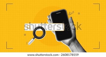 Trendy Halftone Collage Hand holds Phone with Magnifying glass and Search bar. Find information. Online hiring job. Seo marketing and promotion. Yellow poster. Contemporary vector illustration art