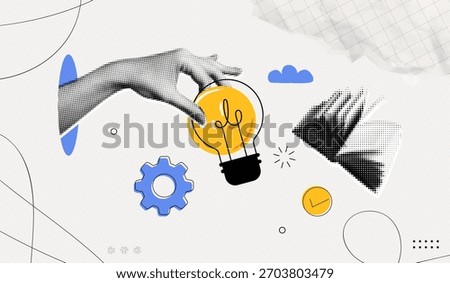 Trendy Halftone Collage Hand holds lightbulb. Creative mind or brainstorm. Study and education. Floating book. Bright mind. Knowledge concept. Contemporary vector illustration art