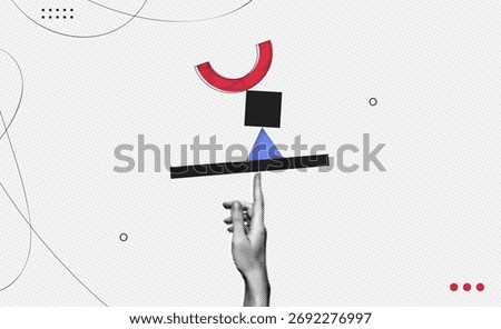 Trendy Halftone Collage Hand hols in balance abstract geometric figures. Keep balance in work, tasks and goals. Colored different shapes. Feel in control. Contemporary vector illustration art