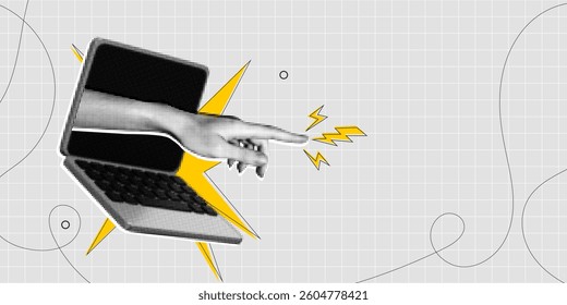 Trendy Halftone Collage Hand from laptop screen points to empty space. Online recommendation. Social media sale and promotions. Business idea. Yellow lightnings. Contemporary vector illustration art