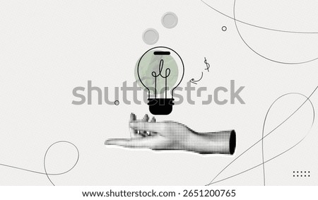 Trendy Halftone Collage Hand with Lightbulb and Coins. Smart investment. Money inside light bulb. Idea and innovation. Gain profit. Contemporary vector illustration art
