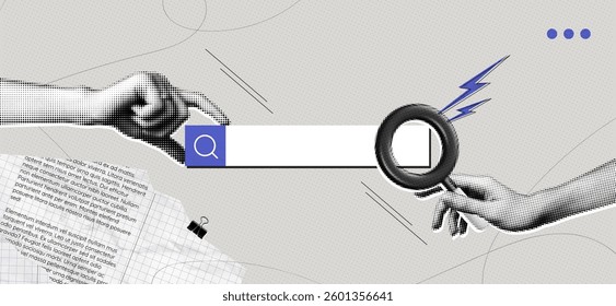 Trendy Halftone Collage Hand with magnifying glass and search bar. Hire online. Find information in internet browser. Seo marketing concept. Dotted pop art. Contemporary vector illustration art