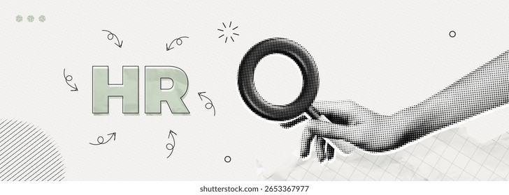 Trendy Halftone Collage Hand with magnifying glass and HR text. Resources management. Employer hiring candidates. Contemporary vector illustration art