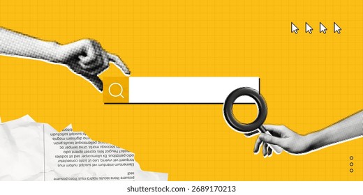 Trendy Colagem de Meio-Tom Mão com lupa e barra de pesquisa. Contratar online. Encontre informações no navegador da Internet. Conceito de marketing do Seo. Arte de ilustração vetorial contemporânea