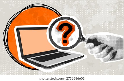 Trendy Halftone Collage Hand with a magnifying glass look at the question mark in laptop. Searching. Modern collage style. Vector illustration	