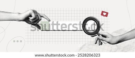 Trendy Halftone Collage Hand with magnifying glass and search bar. Hire online. Find information in internet browser. Seo marketing concept. Contemporary vector illustration art