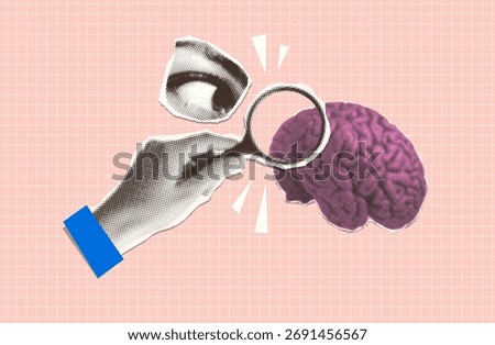 Trendy Halftone Collage - Hand with magnifying glass and brain. Mental problem or analysis, biology research. Find solution or answer. Contemporary vintage vector illustration art