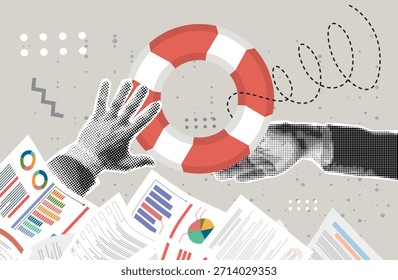La mano de moda del collage de medio tono de un hombre sobresale de una pila de papeles. Otra persona está estirando un salvavidas y quiere ayudar. Ayudar a las empresas a sobrevivir.