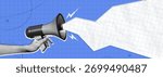 Trendy Halftone Collage Hand with Megaphone and paper cut out space for announcing promotion. Social media communication and adverting. Online news. Contemporary vector illustration art