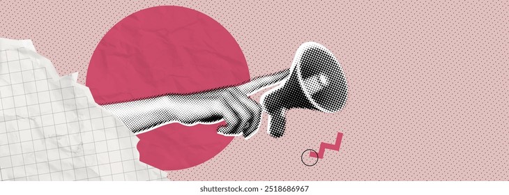 Trendy Halftone Collage Hand with Megaphone. Social media promotion and announce banner. Online news and communication. Pink paper elements. Contemporary vector illustration art