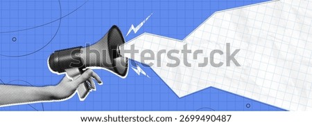 Trendy Halftone Collage Hand with Megaphone and paper cut out space for announcing promotion. Social media communication and adverting. Online news. Contemporary vector illustration art
