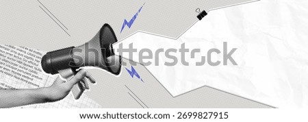 Trendy Halftone Collage Hand with Megaphone and paper cut out space for announcing promotion. Social media communication and adverting. Online news. Contemporary vector illustration art