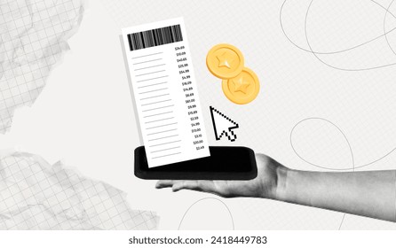 Trendy Halftone Collage Hand with Mobile Phone, Payment Receipt and floating coins. Safe financial transfer. Online transactions. Purchase invoice. Mobile bank app. Contemporary vector art