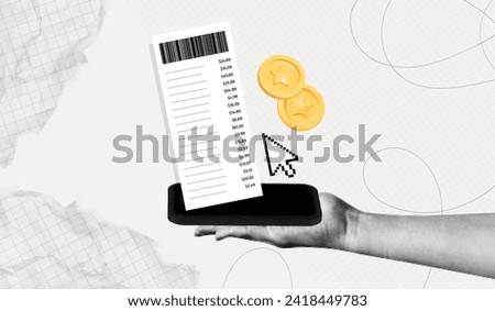 Trendy Halftone Collage Hand with Mobile Phone, Payment Receipt and floating coins. Safe financial transfer. Online transactions. Purchase invoice. Mobile bank app. Contemporary vector art