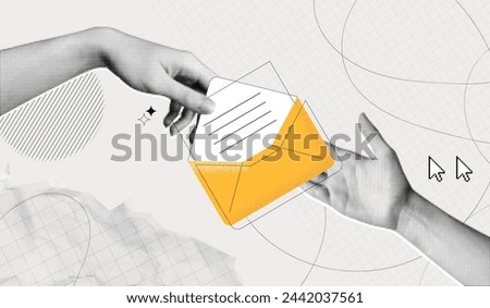 Trendy Halftone Collage Hand passes letter to recipient. New message in yellow envelope. Invitation by email. Online communication. Spam inbox. Social media marketing concept. Contemporary vector art