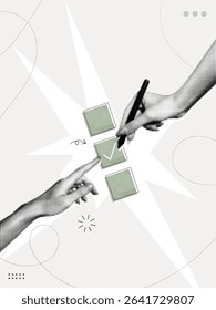 Trendy Halftone Collage Hand with pen and check list. Questionnaire concept. Survey form. Management to do list with tick. Organized task processing. Project plan. Contemporary vector illustration art