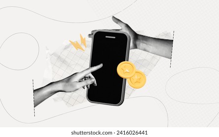 Trendy Halftone Collage Hand with Phone and Floating Coins. Payment concept. Financial planning. Save money. Earn and pay. Metaphor composition. Paper cut out design. Vector contemporary art