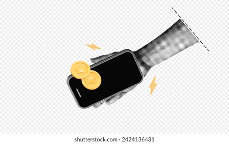 Trendy Halftone Collage Hand with Phone and Floating Coins. Payment concept. Financial planning. Save money. Earn and pay. Metaphor composition. Transparent background. Vector contemporary art