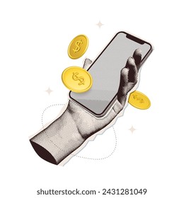 Trendy Halftone Collage Hand with Phone and Floating Coins. Online Payment concept. Financial planning Metaphor . Save money composition. Earn and pay concept on Transparent background. Vector 3d art