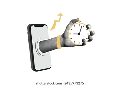 Trendy halftone collage. Hand from phone with alarm clock, stopwatch. The fastest offer on the market. Transportation logistics on time. Special offer, discounts