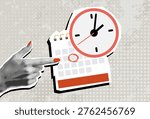 Trendy halftone collage hand pointing Calendar with clock on the wall and  marking one day on it. Trendy newspaper cut out paper elements. Vector illustration.