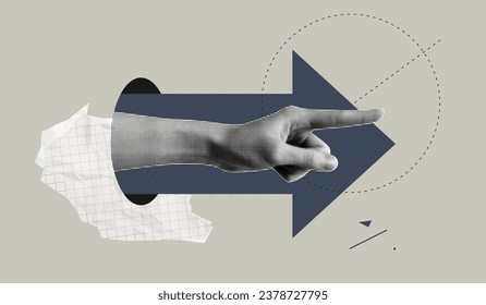 Trendy Halftone Collage Hand pointing finger and forward arrow. Business success and startup development. Social media marketing and promotion. Indicate direction. Contemporary art vector illustration