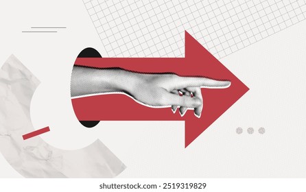 Trendy Halftone Collage Hand pointing finger and forward arrow. Business success and startup development. Social media marketing and promotion. Indicate direction. Contemporary art vector illustration