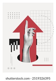 Trendy Halftone Collage Hand pointing finger and forward arrow. Business success and startup development. Social media marketing and promotion. Indicate direction. Contemporary art vector illustration