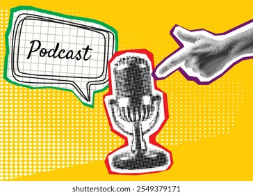 Trendy Colagem de Meio-Tom com a mão apontando para Studio Microphone para Podcast e balão. Gravação de transmissão. Ouça o conteúdo educacional. Rádio online. Serviço de streaming de áudio. 
