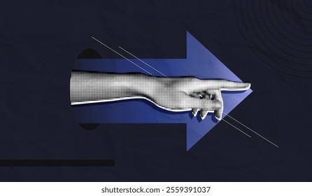 Trendy Halftone Collage Hand pointing finger and forward arrow. Business success and startup development. Social media marketing and promotion. Indicate direction. Contemporary art vector illustration