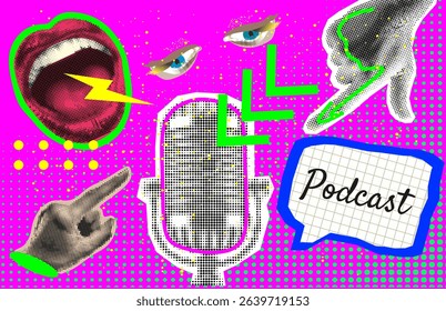Trendy Halftone Collage with hand pointing to Studio Microphone for Podcast and speech bubble. Broadcast recording. Listen to educational content. Online radio. Audio streaming service.	