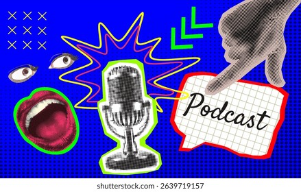 Trendy Halftone Collage with hand pointing to Studio Microphone for Podcast and speech bubble. Broadcast recording. Listen to educational content. Online radio. Audio streaming service.	
