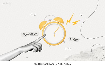 Trendy Halftone Collage Hand pointing yellow Alarm Clock with deadline. Personification of procrastination. Putting off important tasks for later. Time delay. Contemporary vector illustration art