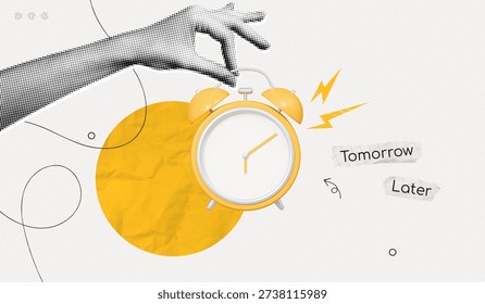 Trendy Halftone Collage Hand pointing yellow Alarm Clock with deadline. Personification of procrastination. Putting off important tasks for later. Time delay. Contemporary vector illustration art