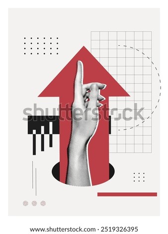 Trendy Halftone Collage Hand pointing finger and forward arrow. Business success and startup development. Social media marketing and promotion. Indicate direction. Contemporary art vector illustration