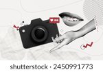 Trendy Halftone Collage Hand points to Camera taking Photos. Social media marketing and promotions. Attracting likes and subscribers. Magazine style. Contemporary vector art illustration
