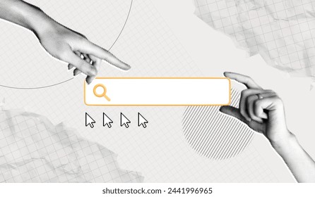 Trendy Halftone Collage Hand points to Search bar. Job for hire online. Find information in internet browser. Data base. Seo marketing concept. Cutout paper elements. Contemporary vector art