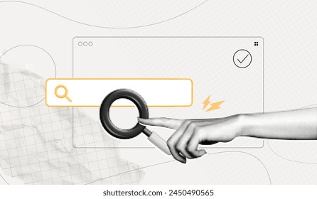 Trendy Halftone Collage Hand points to Search bar. Job for hire online. Find information in internet browser. Data base. Seo marketing concept. Cutout paper elements. Contemporary vector art