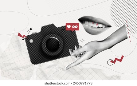 Trendy Halftone Collage Hand points to Camera taking Photos. Social media marketing and promotions. Attracting likes and subscribers. Magazine style. Contemporary vector art illustration